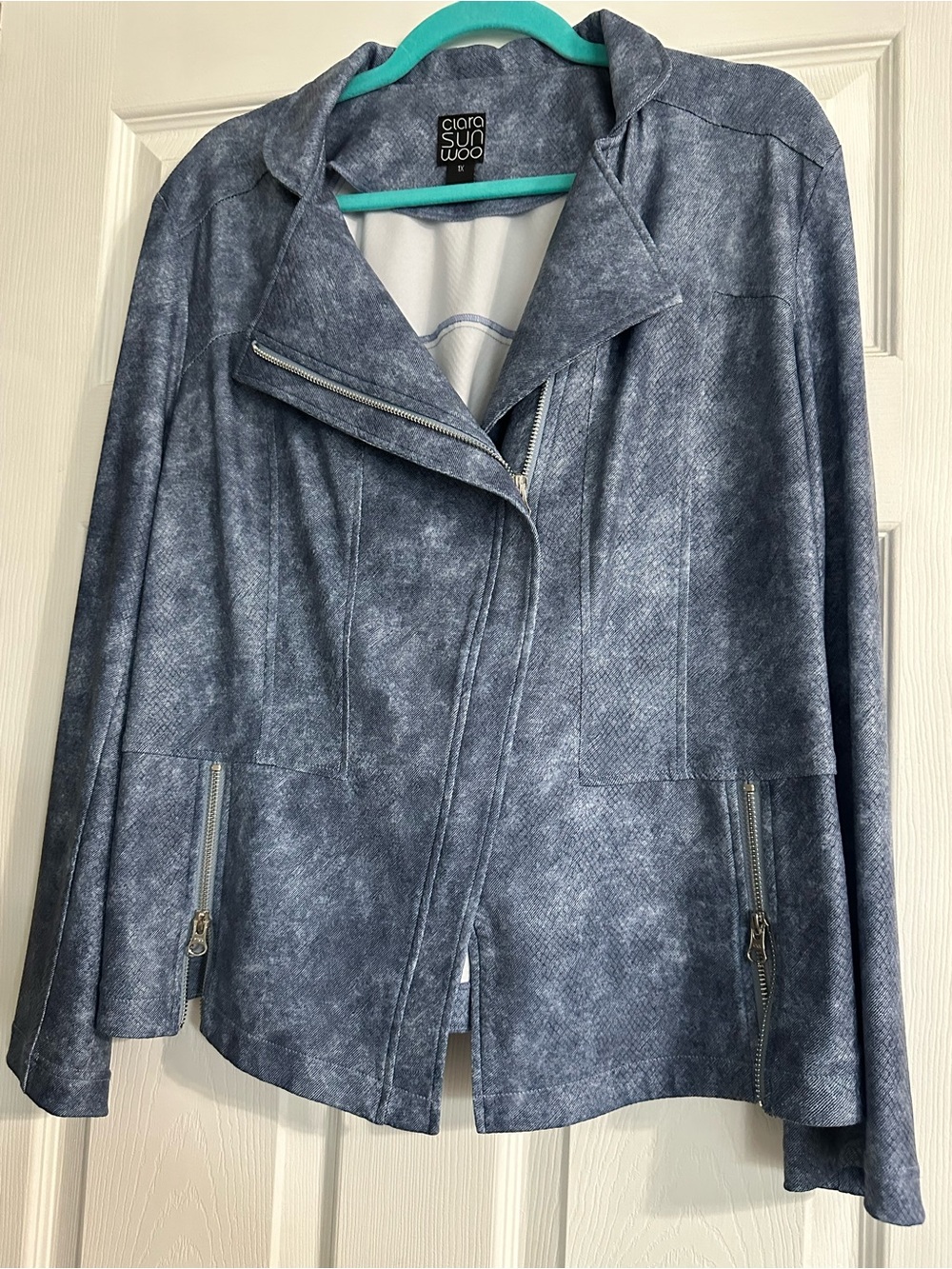 Clara Sun Woo Dusty Blue Faux-Suede Moto Jacket